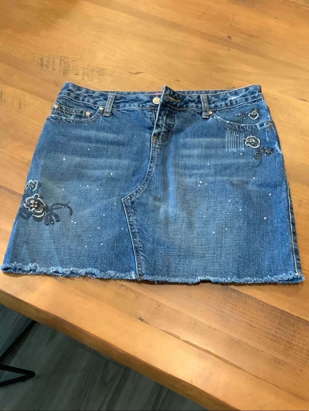 Thalia Sodi Blue Denim Mini Skirt with Floral Detail